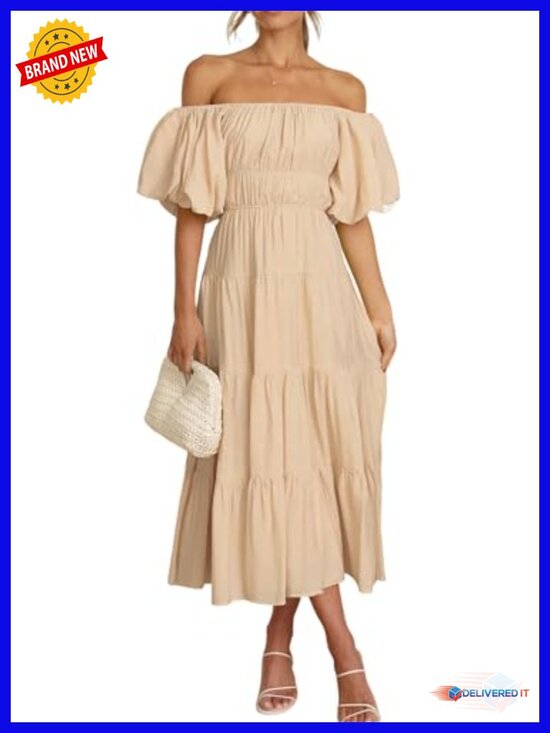 Dresses & Skirts - Off Shoulder Puff Sleeve A-Line Midi Dress Ruffle Backless